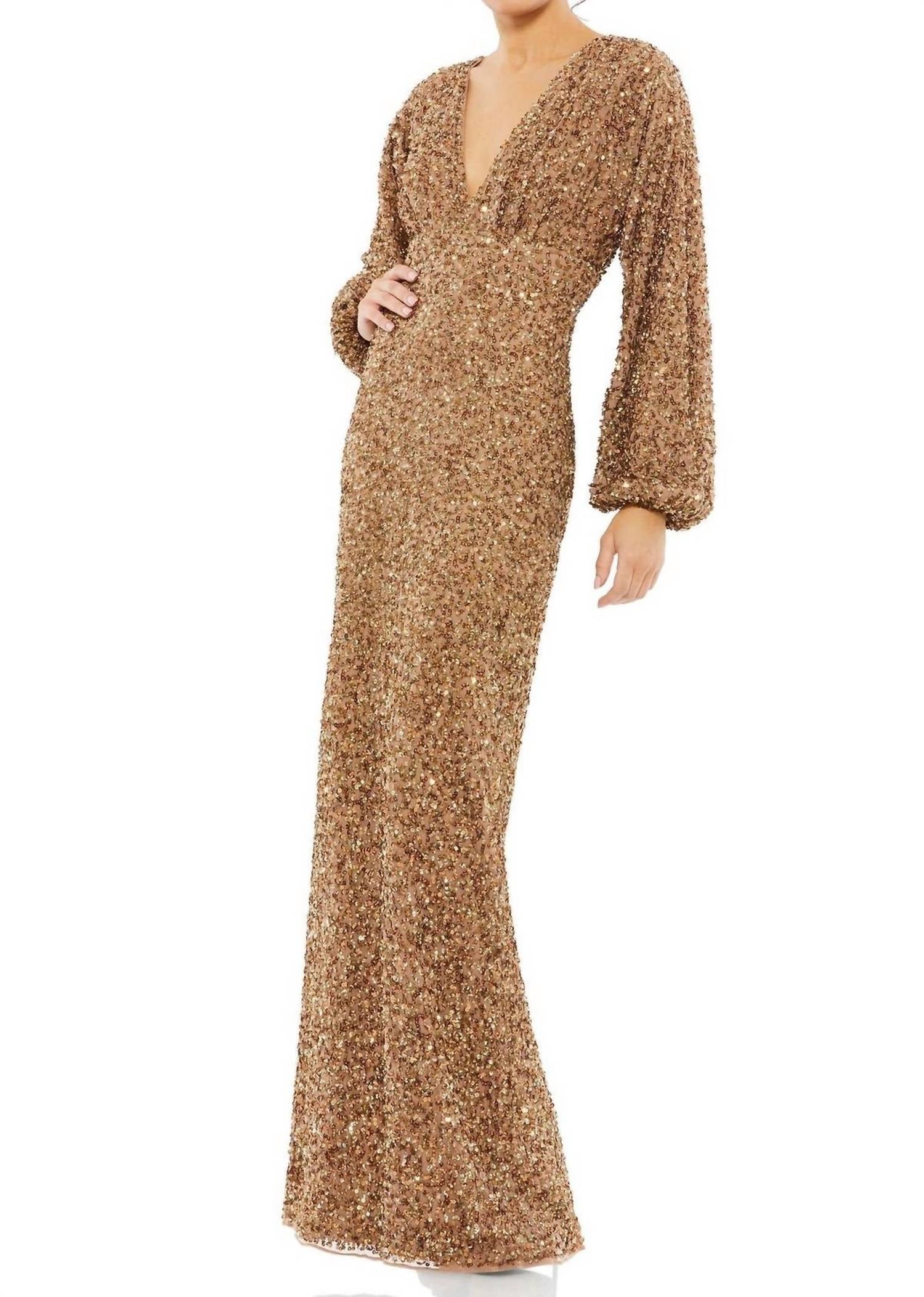 Mac Duggal - Sequined Puff Sleeve V-neck Gown