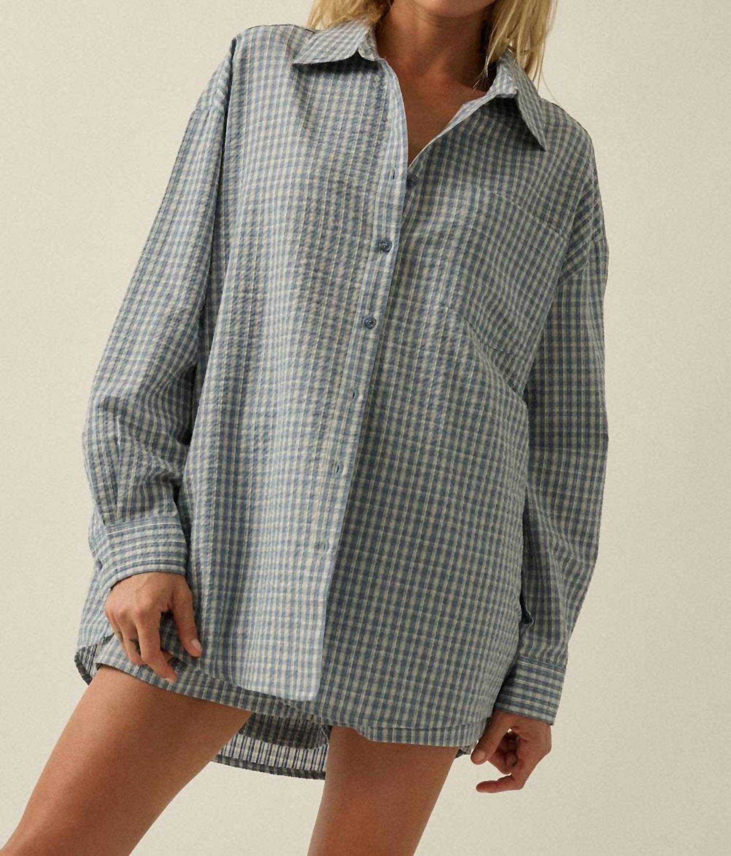 Promesa - Plaid Textured Seersucker Oversize Button-up Pocket Shirt