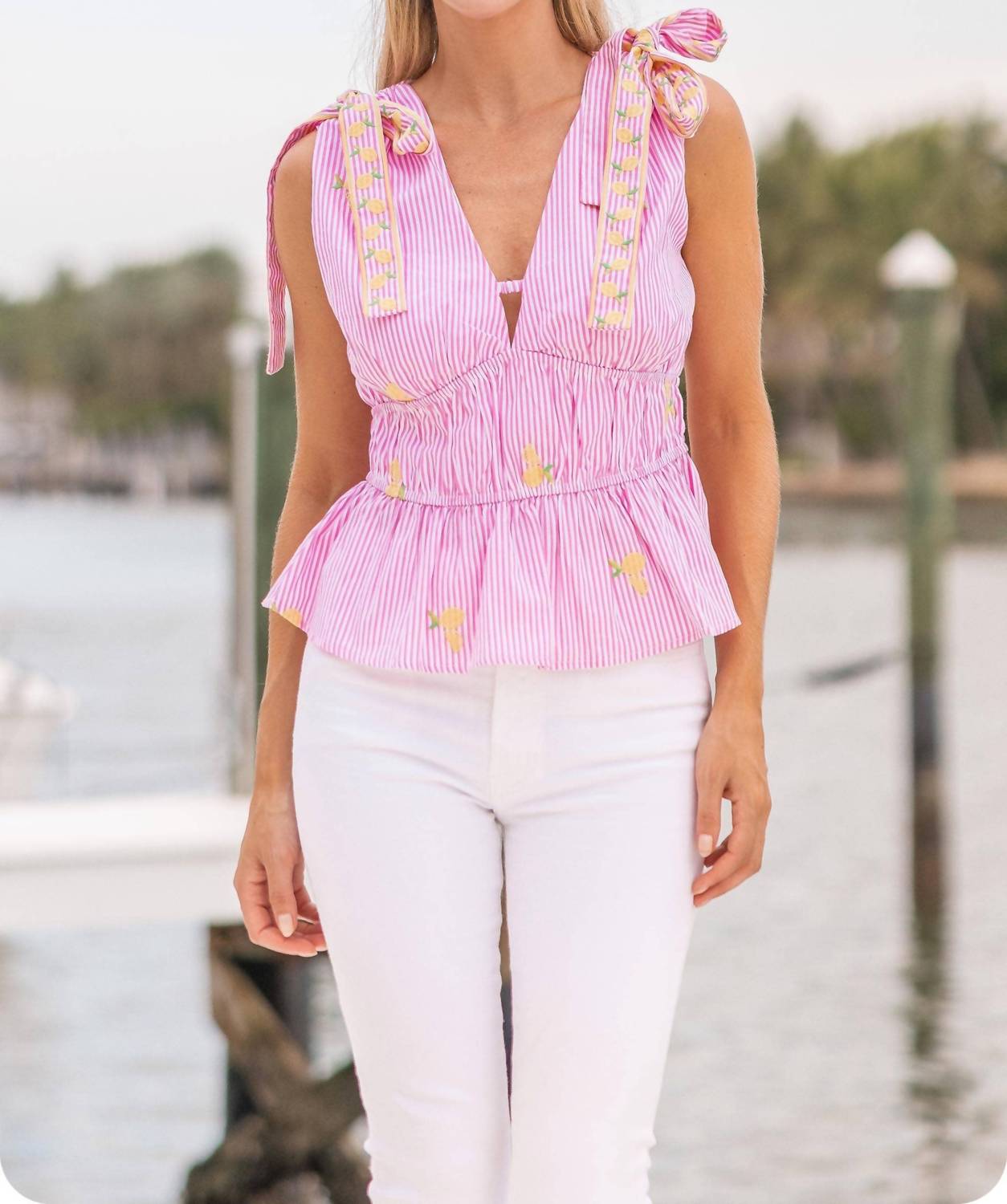 Strut & Bolt - Lemon Embroidery Bow Strap Top