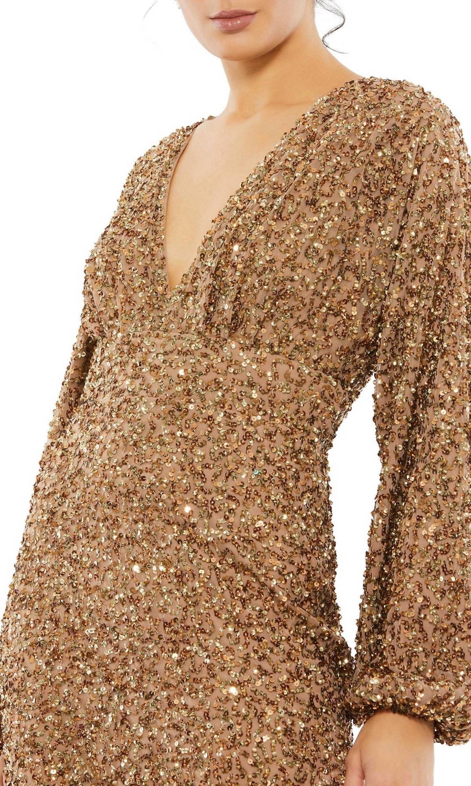 Mac Duggal - Sequined Puff Sleeve V-neck Gown