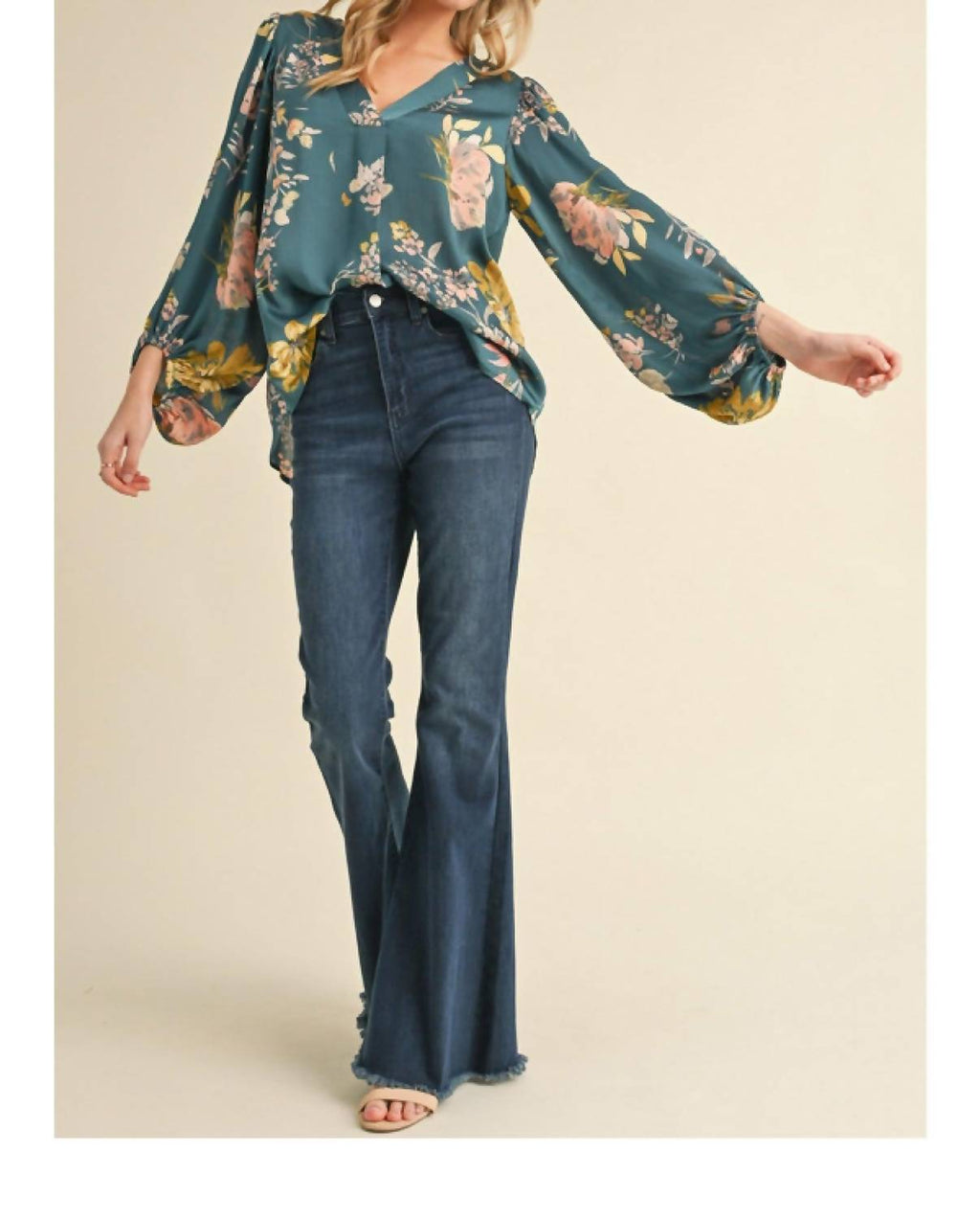 Jodifl - Satin Floral Print Blouse With Bubble Sleeves