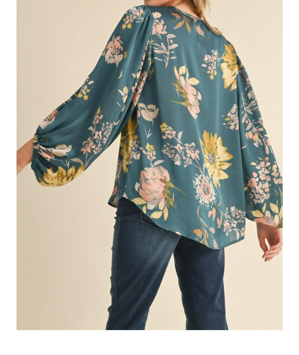 Jodifl - Satin Floral Print Blouse With Bubble Sleeves