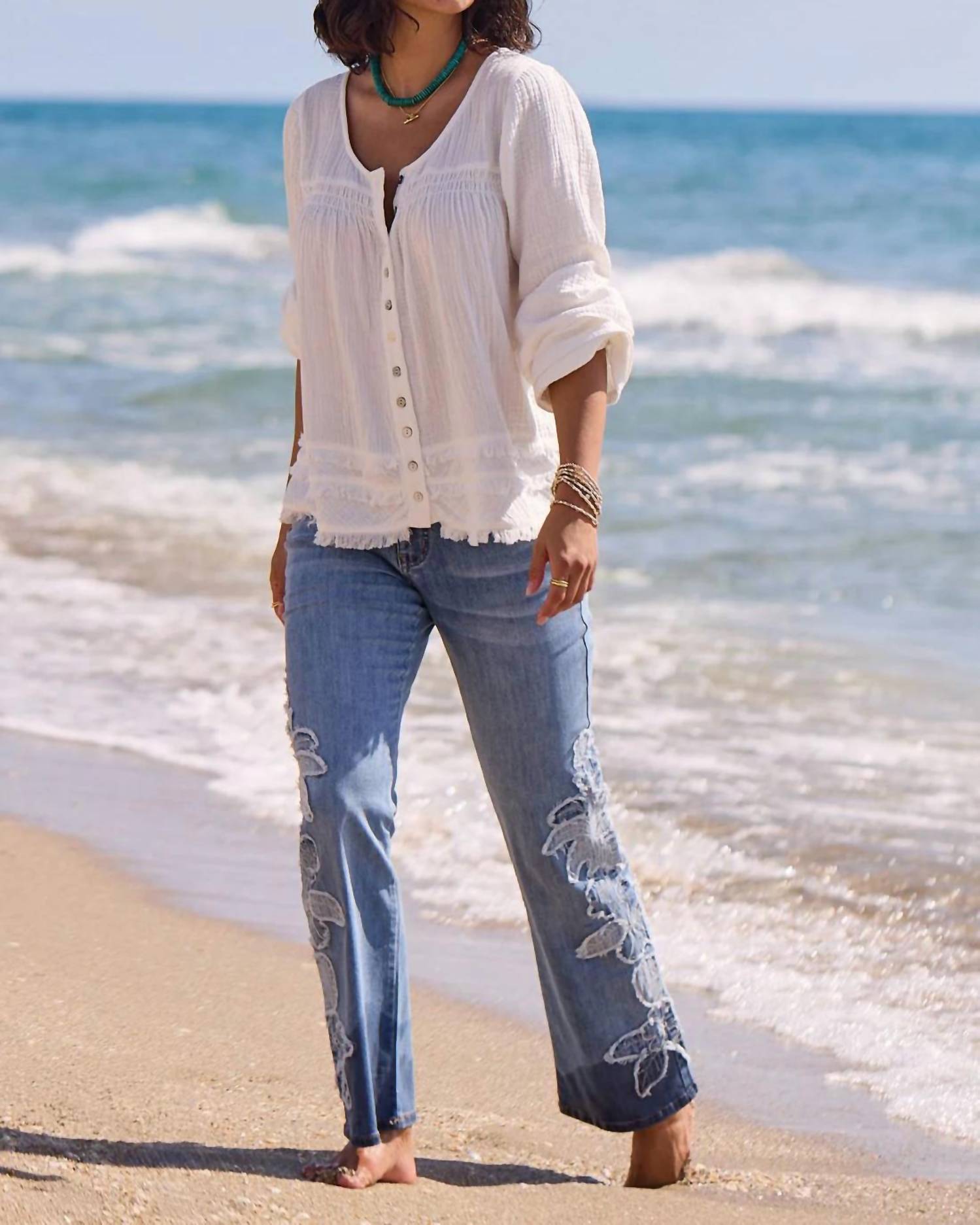 Tribal - Cotton Gauze Balloon Sleeve Boho Blouse