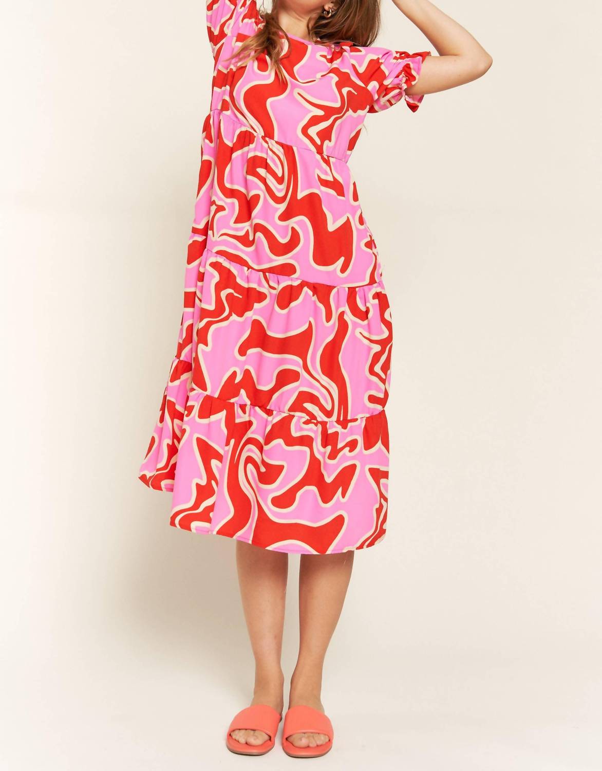 Jade By Jane - Beautiful Chaos Tiered Short Sleeve A-line Midi Dress
