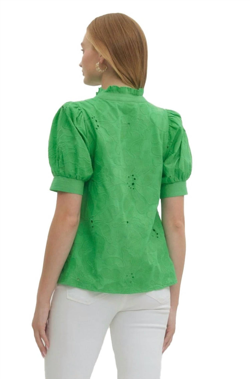 Entro - Floral Embroidered V-neck Puff Sleeve Top