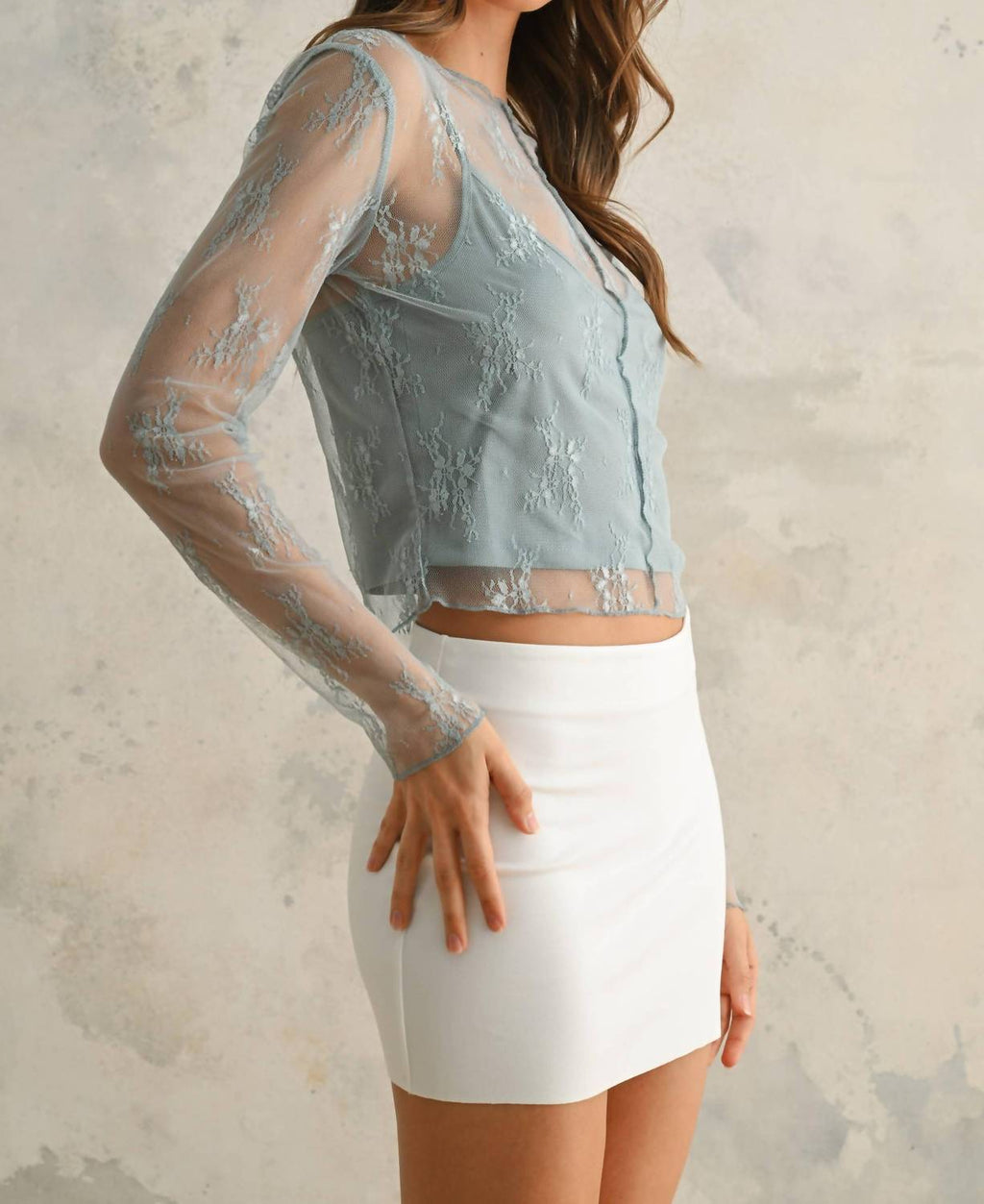 Miou Muse - Long Sleeve Lace Fabric Top