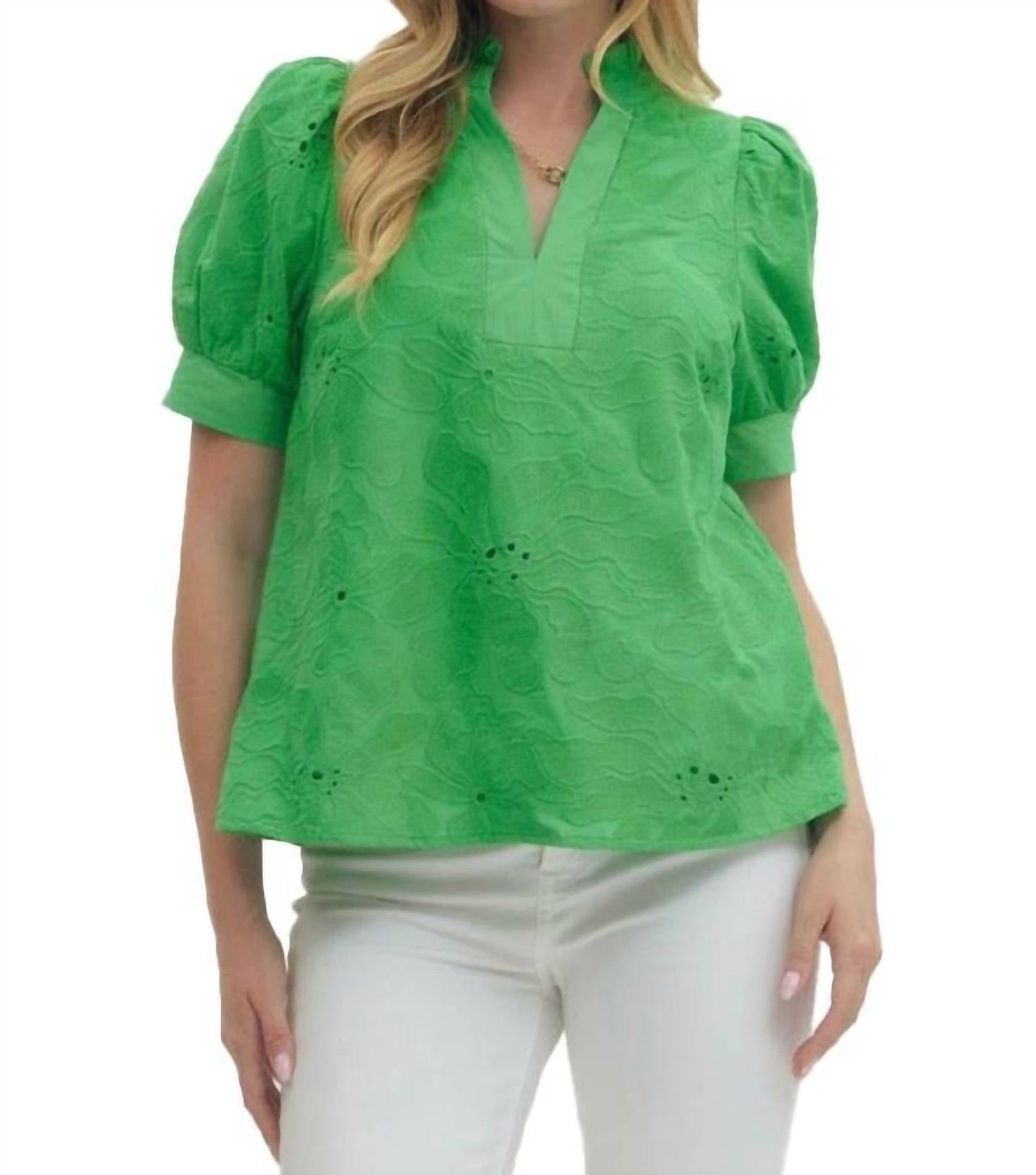 Entro - Floral Embroidered V-neck Puff Sleeve Top