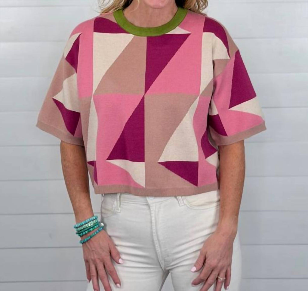Entro - Geometric Pattern Short Sleeve Knit Top